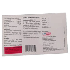 Back label of a Sava Vet product packaging with dosage information and branding.
