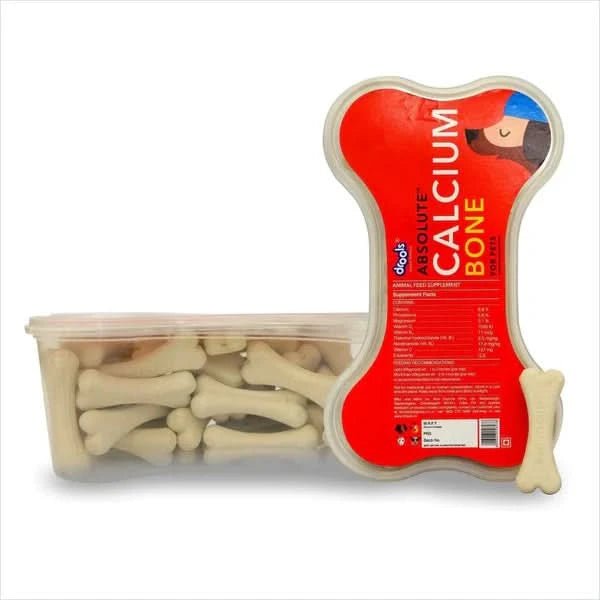 Packaged calcium bone treats for dogs with a red label on a white background