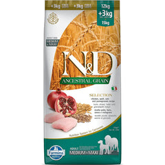 FARMINA Selection Dry Dog Food, Adult Medium & Maxi Breed, 12kg + 3kg Free, Chicken and Pomegranate.