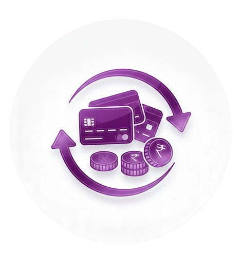 Icon of a credit card, coins, and a circular arrow on a white background