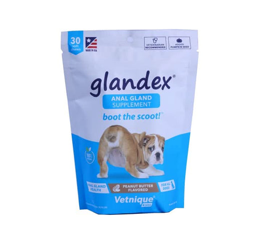 Glandex Anal Gland Supplement packaging for dogs on a white background