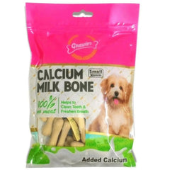 Package of Calcium Milk Bone dog treats with a pink top and clear bottom showing the treats.