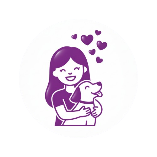 Purple icon of a woman holding a dog with hearts above on a white background