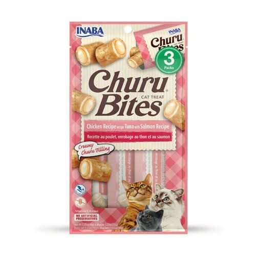 INABA Churu Churu Bites Chicken Wraps Tuna with Salmon Recipe Flavor Cat Treats USA723B, 30 g - dspetstore.com