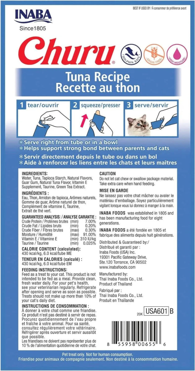 INABA Churu Tuna Recipe Lickable Purée Natural Cat Treats USA601A, 56 g (Pack of 1) - dspetstore.com