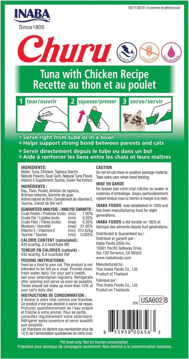 INABA Churu Tuna With Chicken Recipe Lickable Purée Natural Cat Treats USA602A, 56 g (Pack of 1) - dspetstore.com