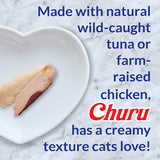 Two pieces of Churu on a white plate with text about its ingredients and texture.