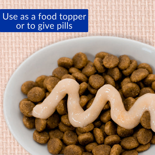 Dog food with a food topper on a white plate, text overlay on a pink background