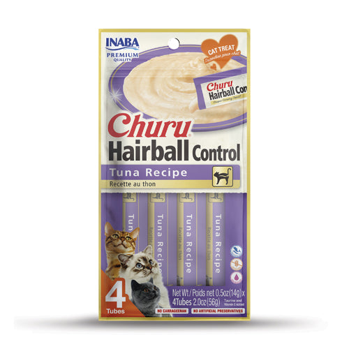 Packaging of INABA Churu Hairball Control cat treats with tuna recipe on a white background