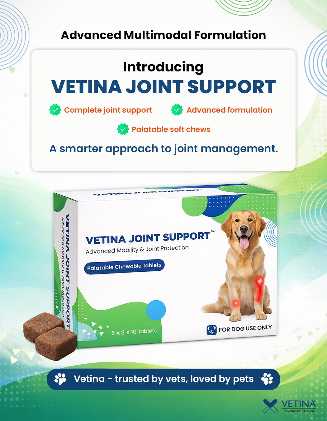 Vetina Joint Support product packaging with a dog illustration on a green and white background