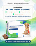 Vetina Joint Support product packaging with a dog illustration on a green and white background