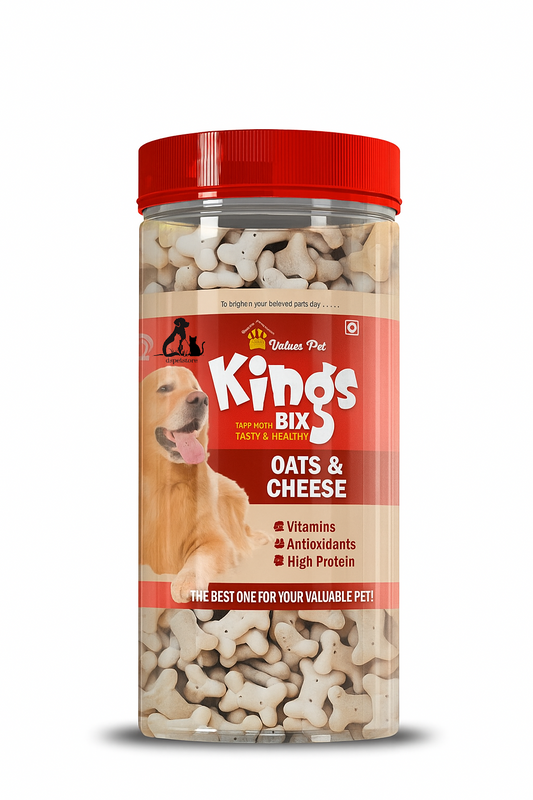 Jar of Kings Bix Oats & Cheese dog treats with a red lid on a white background