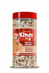 Jar of Kings Bix Oats & Cheese dog treats with a red lid on a white background