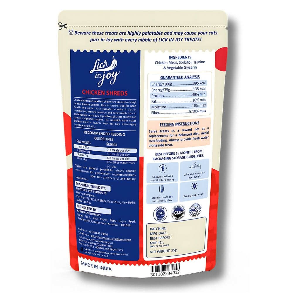 Lick in Joy Soft Cat Jerky All Life Stages Cat Treats, Chicken Shreds, 35 g - dspetstore.com