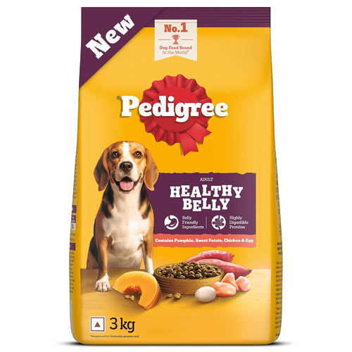 A 3 kg bag of Pedigree Healthy Belly dog food, featuring a bright yellow bag with a purple top banner, a picture of a beagle, and illustrations of pumpkin, sweet potato, chicken, and egg.