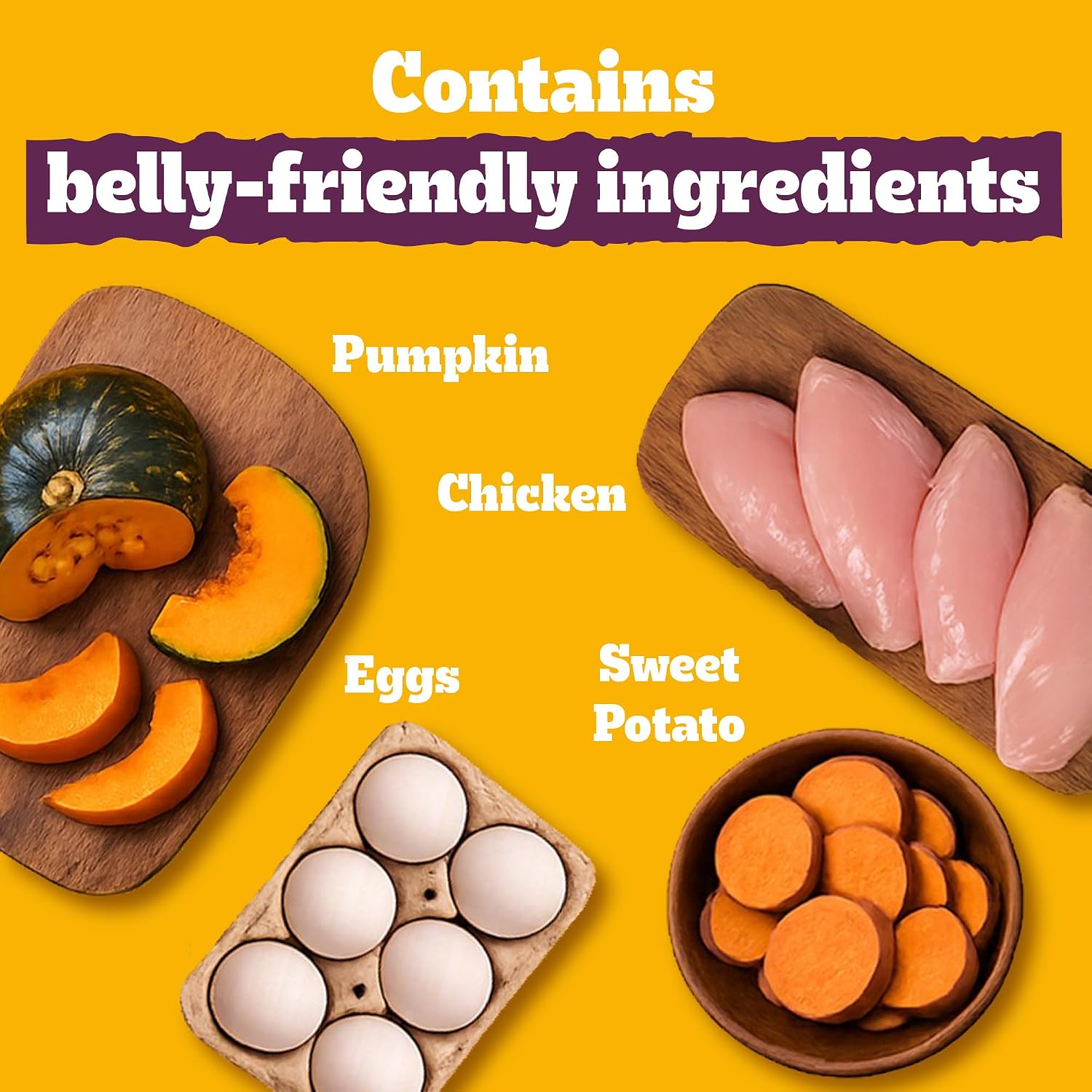 Ingredients for a recipe on a yellow background with text indicating 'Contains belly-friendly ingredients'.