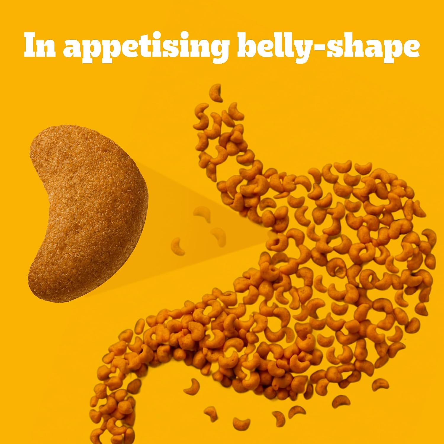 A yellow graphic with the text 'In appetising belly-shape' above a brown kidney-shaped food piece and many small orange-brown curved pieces arranged to resemble a stomach, suggesting a digestive or appetite-related product.