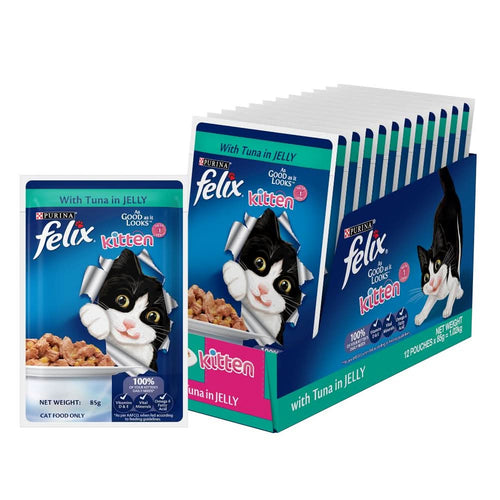 Felix kitten cat food packages with a display stand on a white background