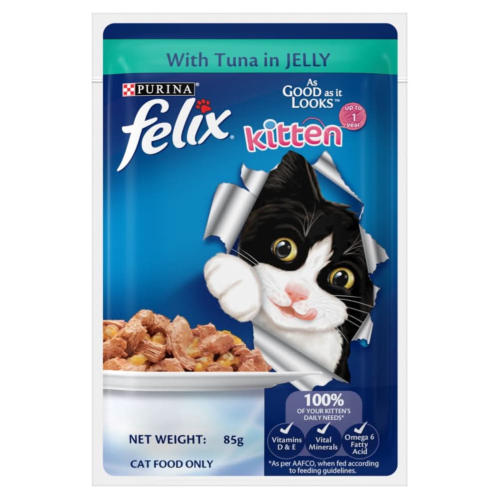 Purina Felix Kitten cat food package with a black and white cat illustration on a blue background