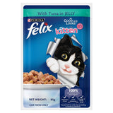 Purina Felix Kitten cat food package with a black and white cat illustration on a blue background