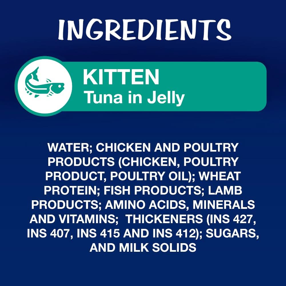 Ingredients list for kitten tuna in jelly on a blue background