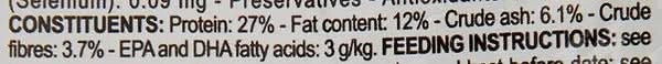 Nutritional label with protein, fat, ash, fibre, and fatty acid content on a white background