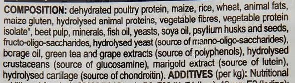Text detailing ingredients and additives in a food product
