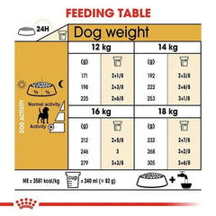 Feeding table for dogs showing recommended food amounts based on weight and activity level.