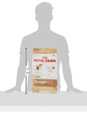 Royal Canin Beagle dog food bag with a silhouette of a person for scale on a white background