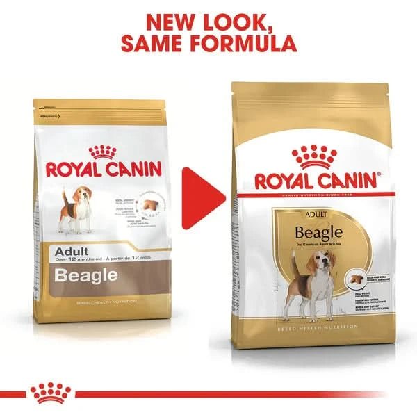 Two packages of Royal Canin Beagle dog food with a red arrow and text indicating 'New Look, Same Formula'.