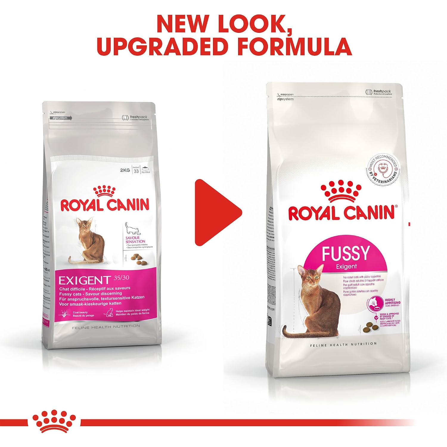 Two packages of Royal Canin cat food with text 'New Look, Upgraded Formula' on a white background.