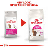 Two packages of Royal Canin cat food with text 'New Look, Upgraded Formula' on a white background.