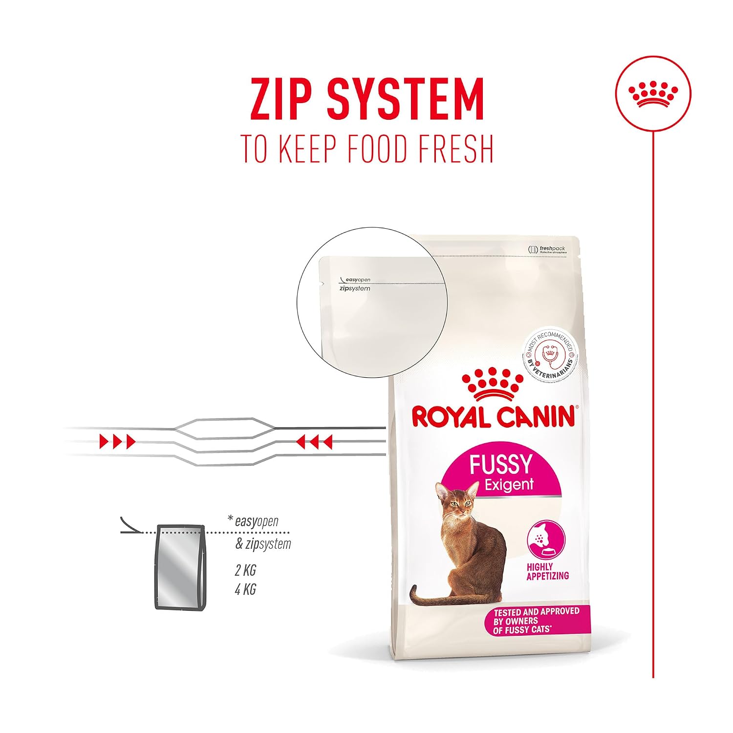 Royal Canin Fussy Exigent cat food bag with zip system feature on a white background