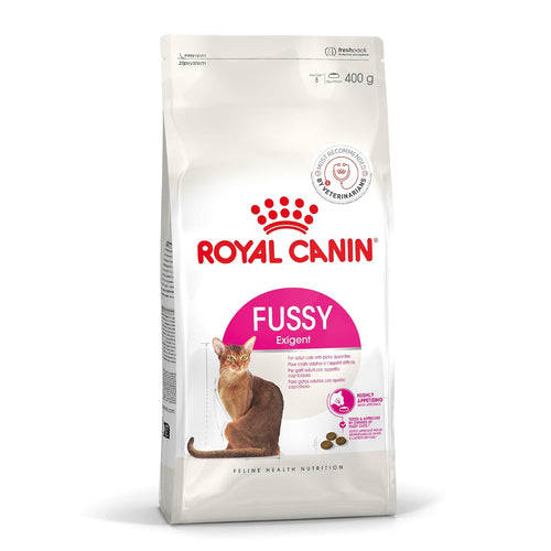 Royal Canin Fussy cat food package on a white background