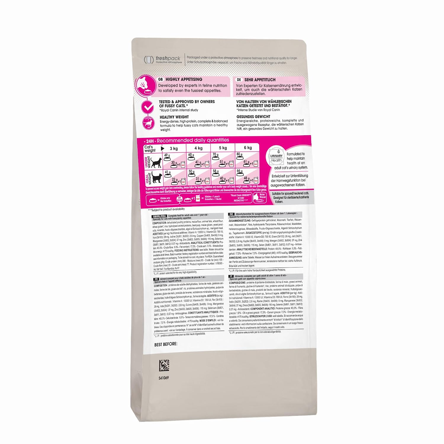 Dog food packaging with nutritional information on a white background