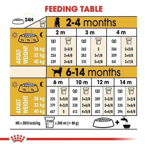 Feeding table chart for puppies with weight and feeding information