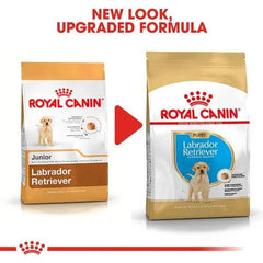 Two packages of Royal Canin Labrador Retriever dog food with text indicating a new look and upgraded formula.