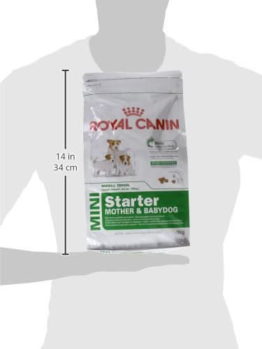 Royal Canin Mini Starter Mother & Babydog food package on a mannequin with measurements indicated.