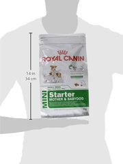 Royal Canin Mini Starter Mother & Babydog food package on a mannequin with measurements indicated.