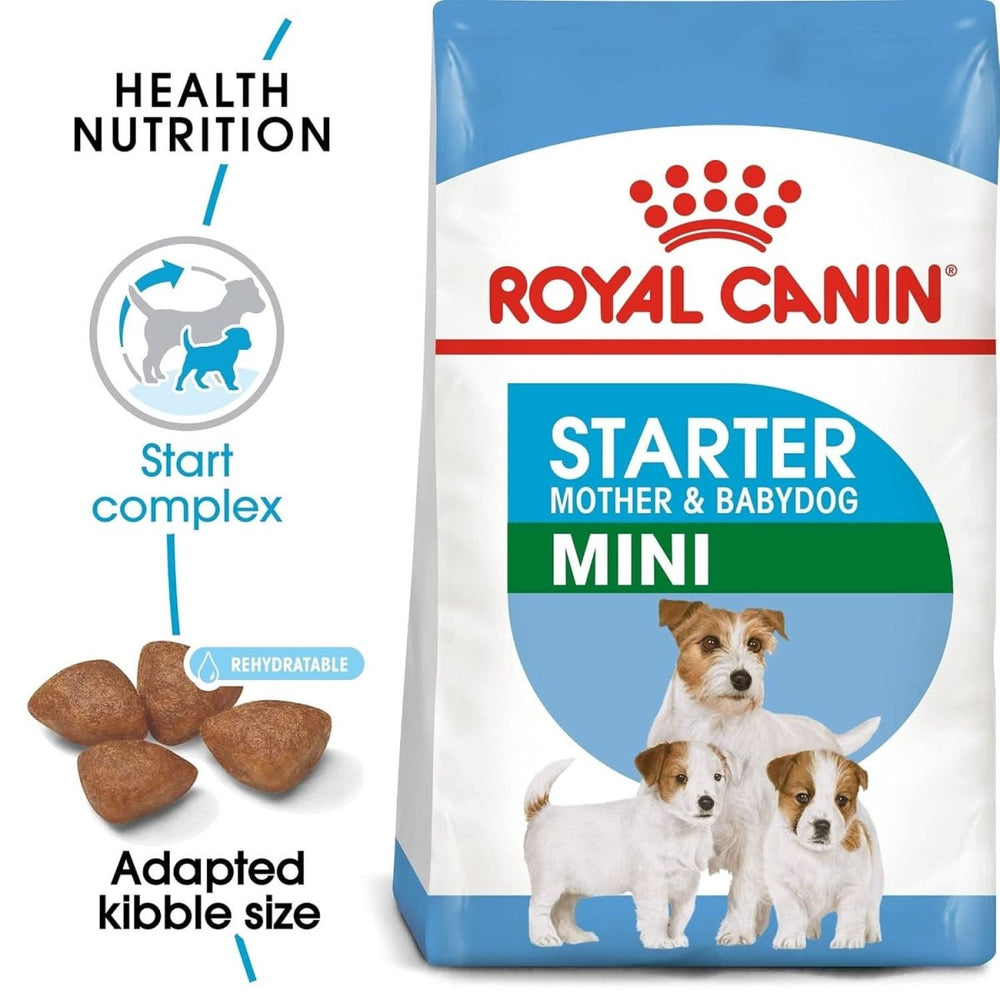 Royal Canin Mini Starter Mother & Babydog dog food packaging with text and images of puppies and kibble.