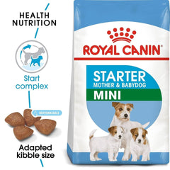 Royal Canin Mini Starter Mother & Babydog dog food packaging with text and images of puppies and kibble.