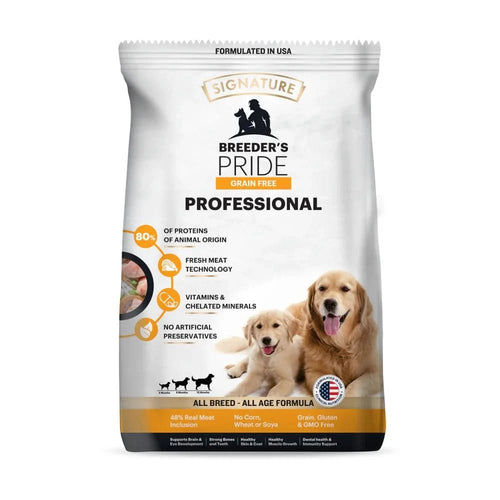 Bag of Breeder's Pride Professional dog food on a white background