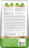 Dog food packaging with nutritional information and branding on a white background