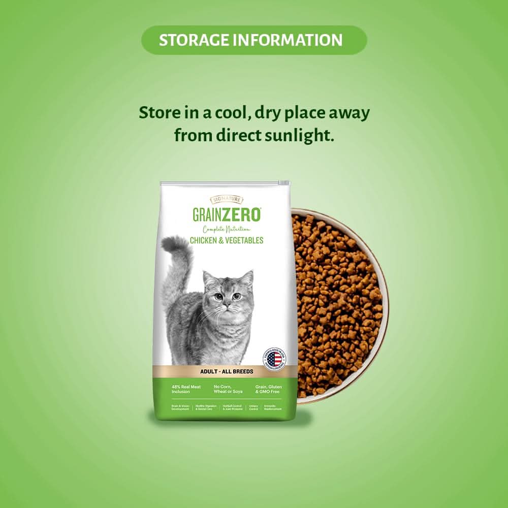 GrainZero cat food packaging with storage information on a green background