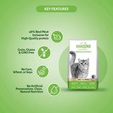 GrainZero cat food package with key features on a green background