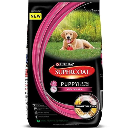 Purina Supercoat Puppy food package with a dog on grass