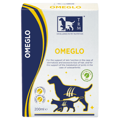 Box of Omeglo for pet nutrition on a green background