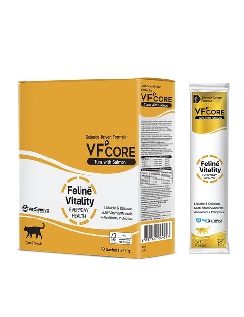 A box and a single sachet of VetSmava VFCORE Feline Vitality tuna with salmon cat formula, shown on a plain white background.