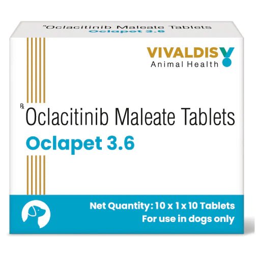Box of Oclacitinib Maleate Tablets by Vivaldis Animal Health on a white background