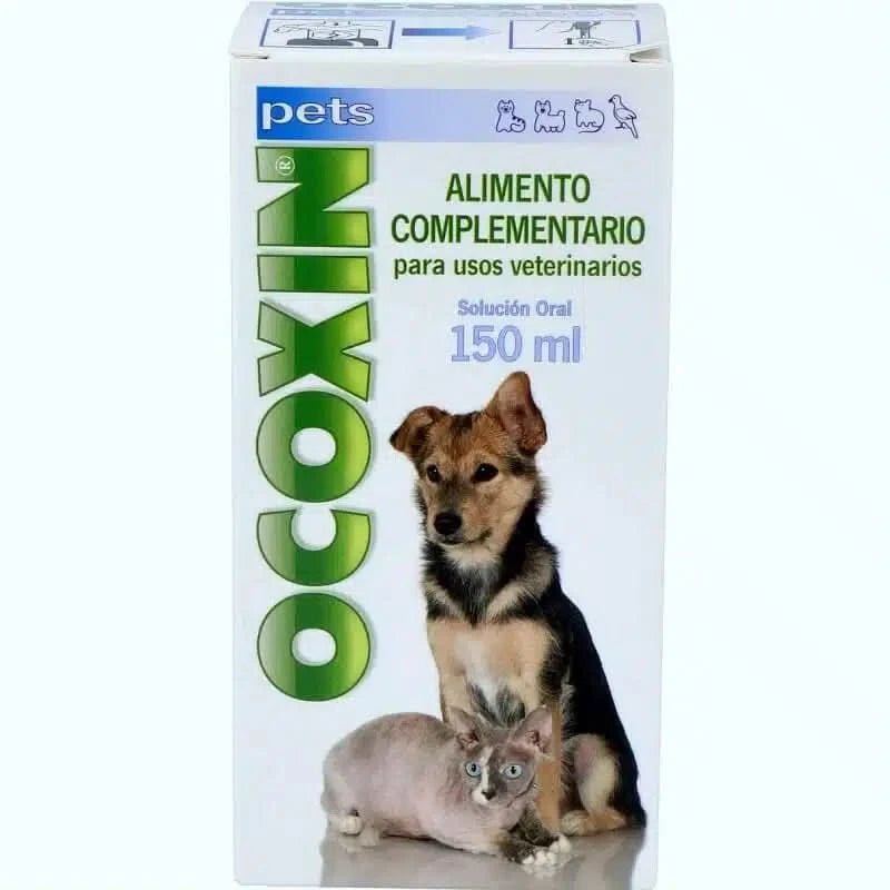 Ocoxin packaging for pets with a dog and cat illustration on a white background